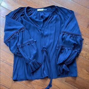Ramy Brook Navy Blouse with Gold Details and Pleated Sleeves. Size M.